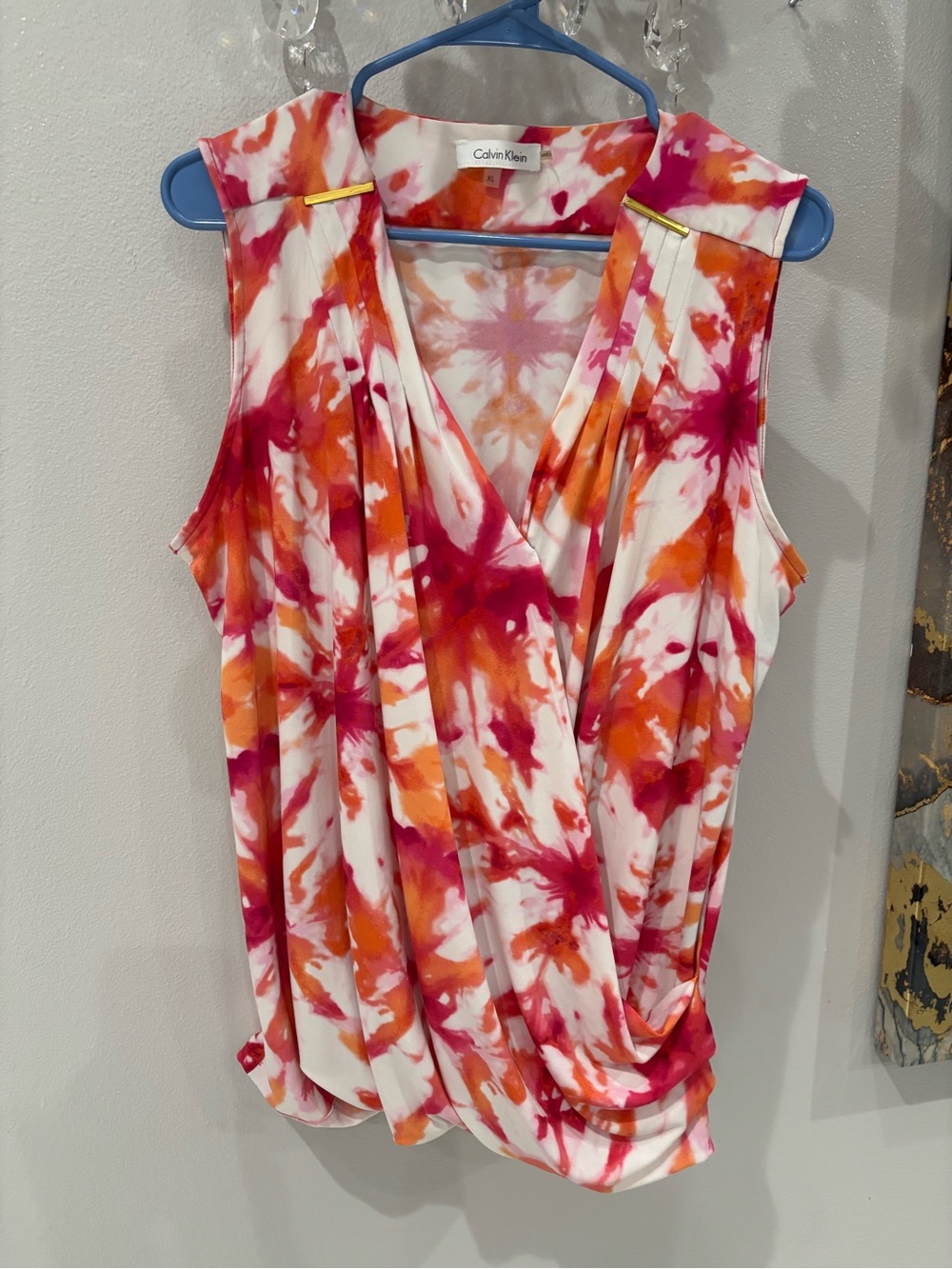 Calvin Klein Pink & Orange Tie-Dye Draped Sleeveless Camisole